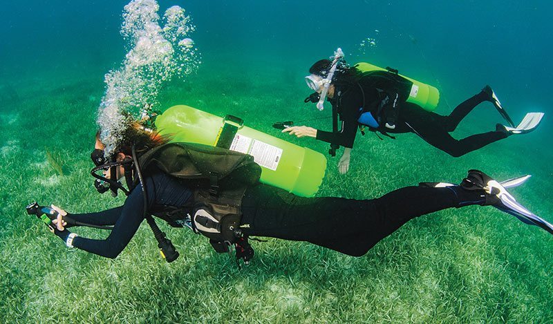 Divers navigating with compass