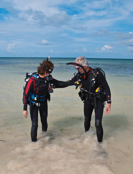 scuba divers exiting water